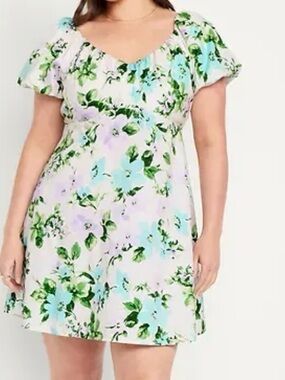Old Navy Cream Floral Midi Dress with Blue & Lilac Blooms V Neck Mini Swing